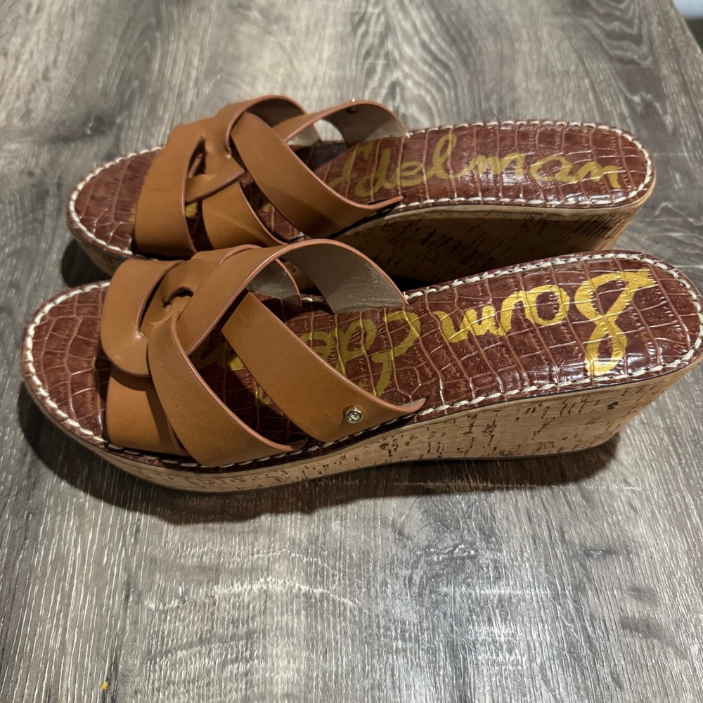 Sam Edelman Raynere Cork Wedge Sandals Womens Sz  10 Brown Leather Slides Summer
